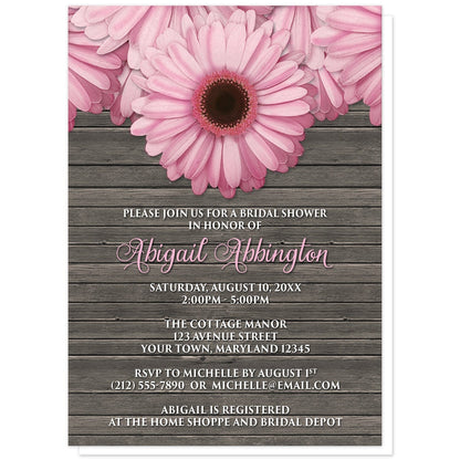 Rustic Pink Daisy Brown Wood Bridal Shower Invitations at Artistically Invited. Rustic pink daisy brown wood bridal shower invitations designed with large and lovely pink daisy flowers along the top over a country brown wood background illustration. Your personalized bridal shower celebration details are custom printed in pink and white over the wood background design below the pretty pink daisies.