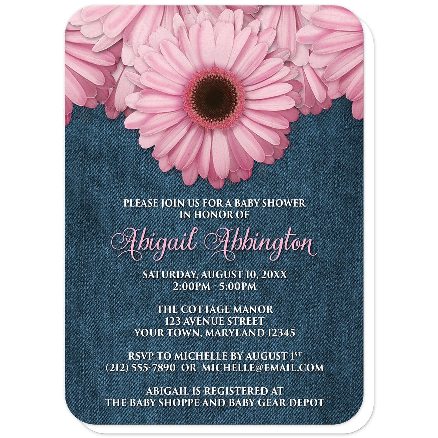 Rustic Pink Daisy and Denim Baby Shower Invitations (with rounded corners) at Artistically Invited. Rustic pink daisy and denim baby shower invitations designed with large and lovely pink daisy flowers along the top over a country blue denim background illustration. Your personalized baby shower celebration details are custom printed in pink and white over the denim background design below the pretty pink daisies.