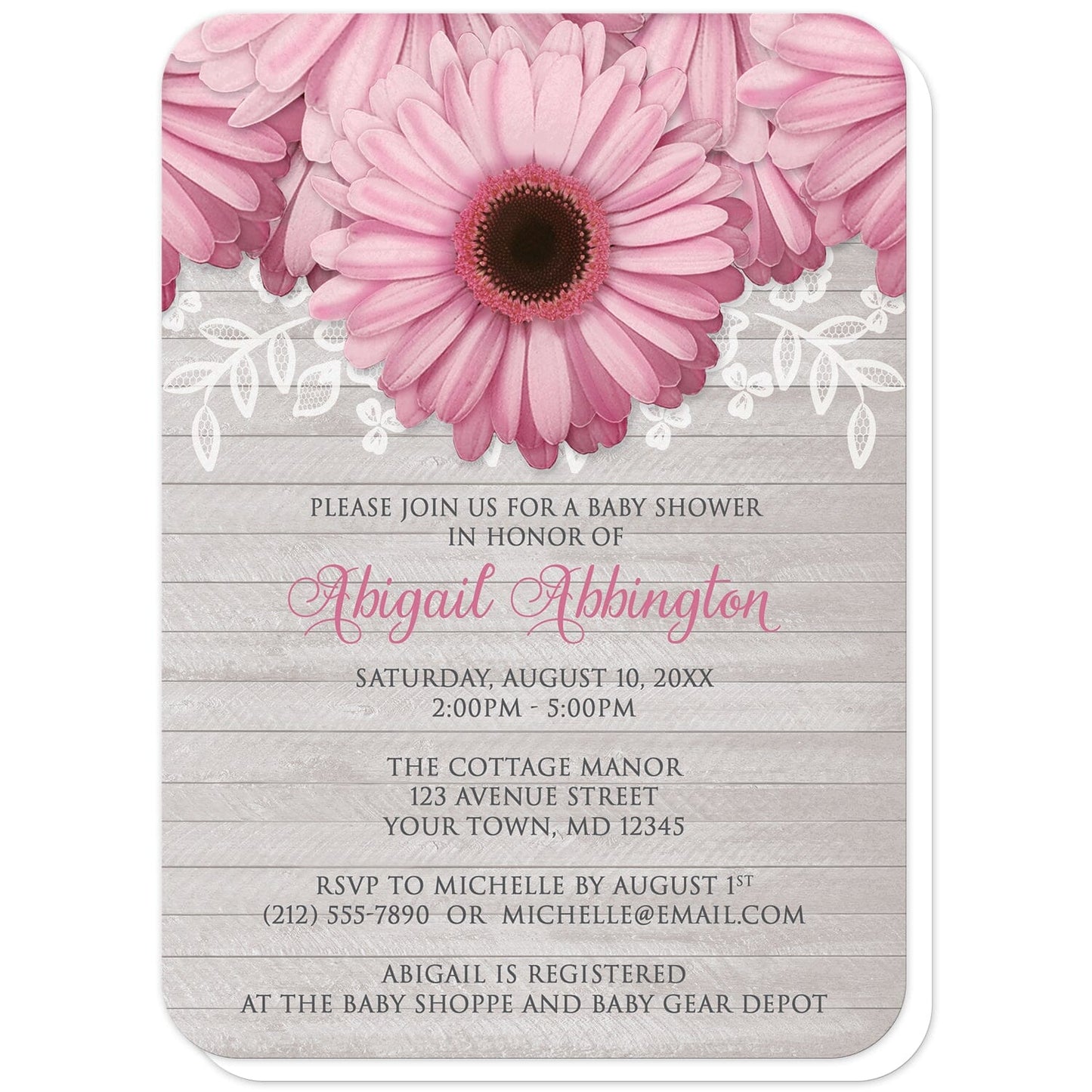 Rustic Pink Daisy Gray Wood Baby Shower Invitations (with rounded corners) at Artistically Invited. Rustic pink daisy gray wood baby shower invitations designed with large and lovely pink daisy flowers with a white lace overlay along the top over a light gray wood background illustration. Your personalized baby shower celebration details are custom printed in pink and dark gray over the wood background design below the pretty pink daisies.