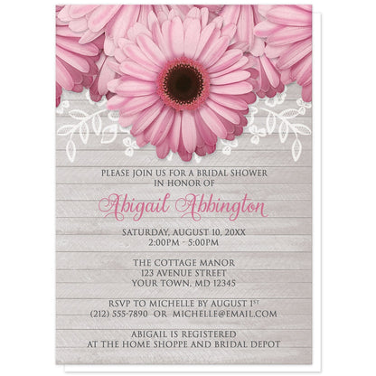Rustic Pink Daisy Gray Wood Bridal Shower Invitations at Artistically Invited. Rustic pink daisy gray wood bridal shower invitations designed with large and lovely pink daisy flowers with a white lace overlay along the top over a light gray wood background illustration. Your personalized bridal shower celebration details are custom printed in pink and dark gray over the wood background design below the pretty pink daisies.