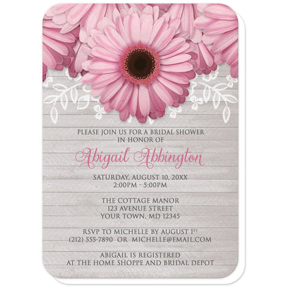 Rustic Pink Daisy Gray Wood Bridal Shower Invitations (with rounded corners) at Artistically Invited. Rustic pink daisy gray wood bridal shower invitations designed with large and lovely pink daisy flowers with a white lace overlay along the top over a light gray wood background illustration. Your personalized bridal shower celebration details are custom printed in pink and dark gray over the wood background design below the pretty pink daisies.