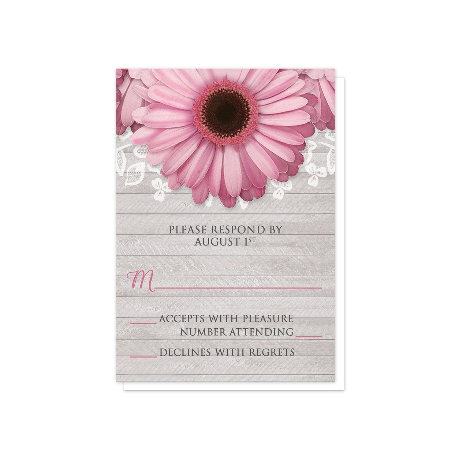 Rustic Pink Daisy Gray Wood RSVP Cards at Artistically Invited.