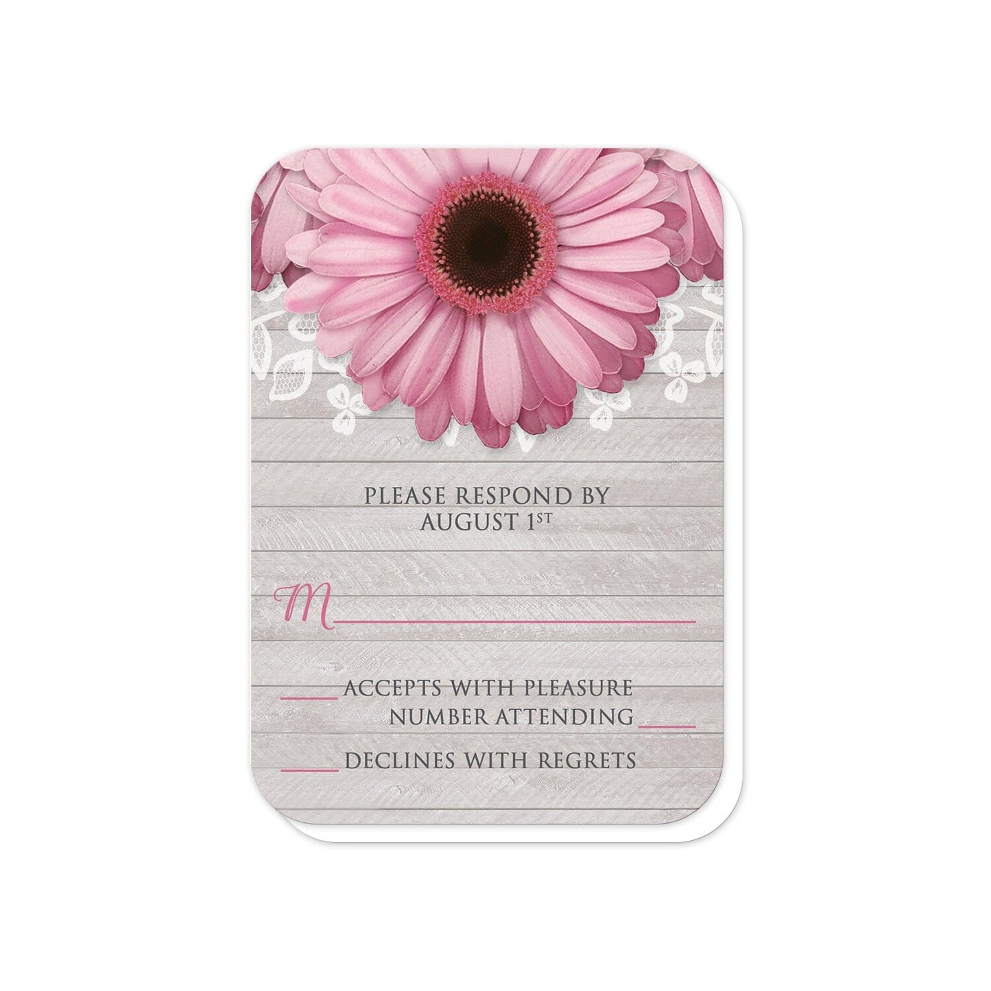 Rustic Pink Daisy Gray Wood RSVP Cards (with rounded corners) at Artistically Invited.