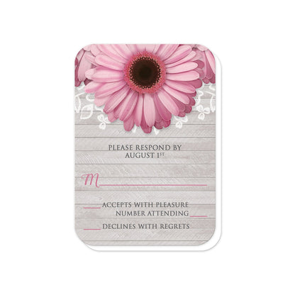 Rustic Pink Daisy Gray Wood RSVP Cards (with rounded corners) at Artistically Invited.