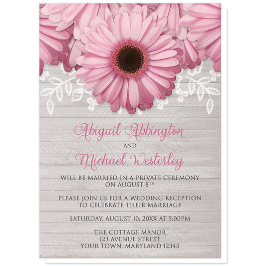 Rustic Pink Daisy Gray Wood Reception Only Invitations at Artistically Invited. Rustic pink daisy gray wood reception only invitations designed with large and lovely pink daisy flowers with a white lace overlay along the top over a light gray wood background illustration. Your personalized post-wedding reception details are custom printed in pink and dark gray over the wood background design below the pretty pink daisies.