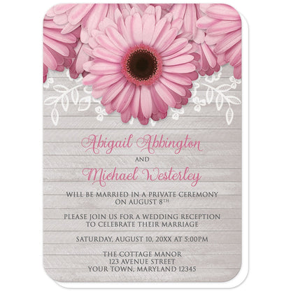 Rustic Pink Daisy Gray Wood Reception Only Invitations (with rounded corners) at Artistically Invited. Rustic pink daisy gray wood reception only invitations designed with large and lovely pink daisy flowers with a white lace overlay along the top over a light gray wood background illustration. Your personalized post-wedding reception details are custom printed in pink and dark gray over the wood background design below the pretty pink daisies.