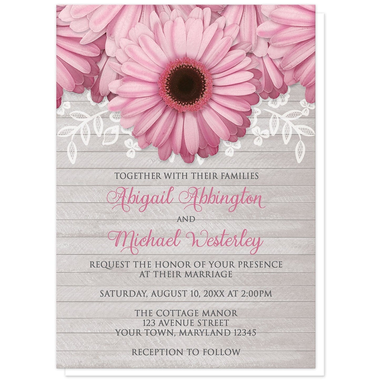 Rustic Pink Daisy Gray Wood Wedding Invitations at Artistically Invited. Rustic pink daisy gray wood wedding invitations designed with large and lovely pink daisy flowers with a white lace overlay along the top over a light gray wood background illustration. Your personalized marriage celebration details are custom printed in pink and dark gray over the wood background design below the pretty pink daisies.