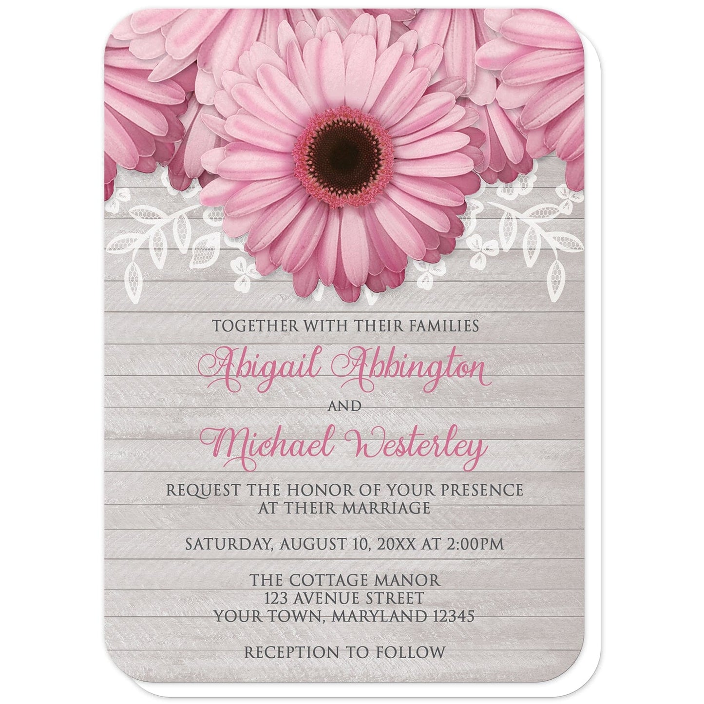 Rustic Pink Daisy Gray Wood Wedding Invitations (with rounded corners) at Artistically Invited. Rustic pink daisy gray wood wedding invitations designed with large and lovely pink daisy flowers with a white lace overlay along the top over a light gray wood background illustration. Your personalized marriage celebration details are custom printed in pink and dark gray over the wood background design below the pretty pink daisies.