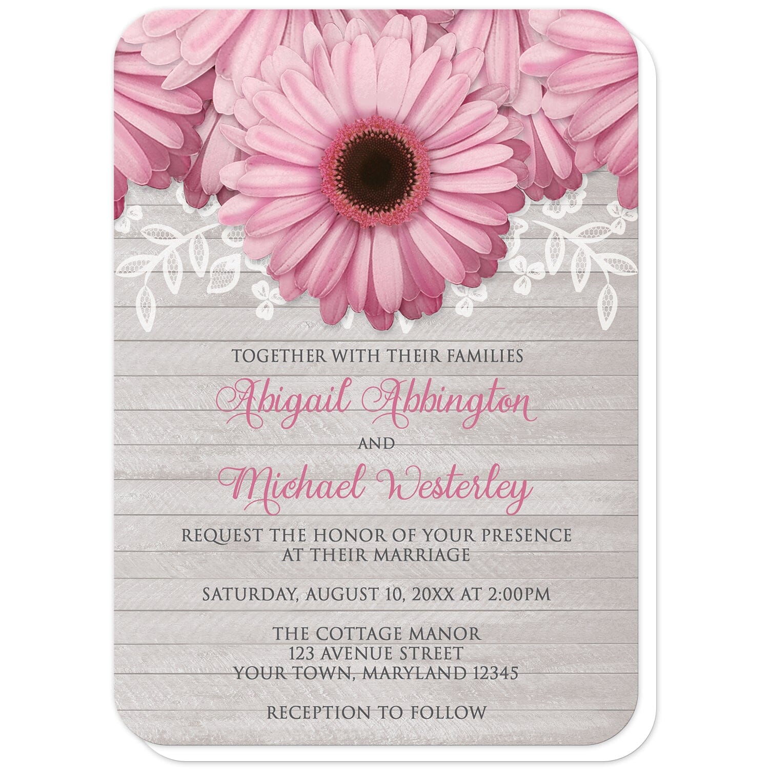 Rustic Pink Daisy Gray Wood Wedding Invitations (with rounded corners) at Artistically Invited. Rustic pink daisy gray wood wedding invitations designed with large and lovely pink daisy flowers with a white lace overlay along the top over a light gray wood background illustration. Your personalized marriage celebration details are custom printed in pink and dark gray over the wood background design below the pretty pink daisies.