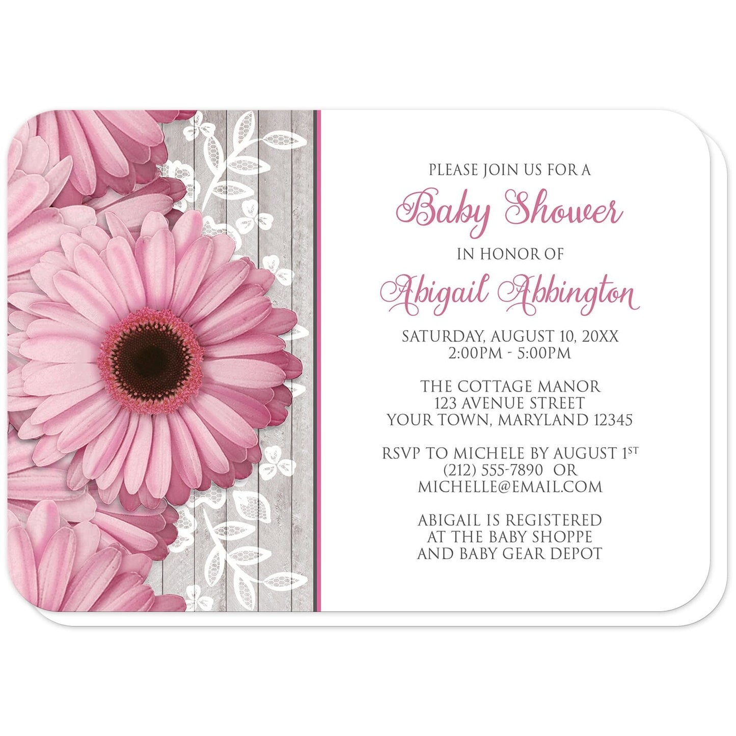 Rustic Pink Daisy Wood White Baby Shower Invitations (with rounded corners) at Artistically Invited. Rustic pink daisy wood white baby shower invitations designed with large and lovely pink daisy flowers with a white lace overlay over a light gray wood illustration along the left side. Your personalized baby shower celebration details are custom printed in pink and gray over a white background to the right of the pretty pink daisies.