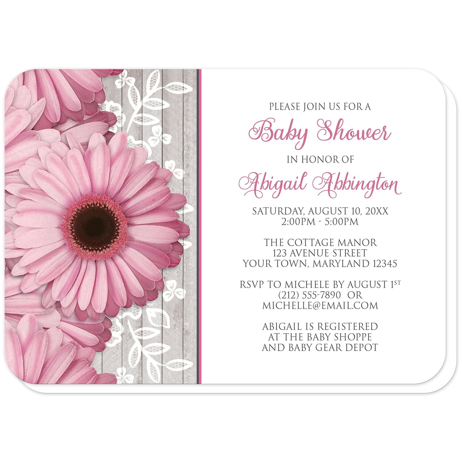 Rustic Pink Daisy Wood White Baby Shower Invitations (with rounded corners) at Artistically Invited. Rustic pink daisy wood white baby shower invitations designed with large and lovely pink daisy flowers with a white lace overlay over a light gray wood illustration along the left side. Your personalized baby shower celebration details are custom printed in pink and gray over a white background to the right of the pretty pink daisies.