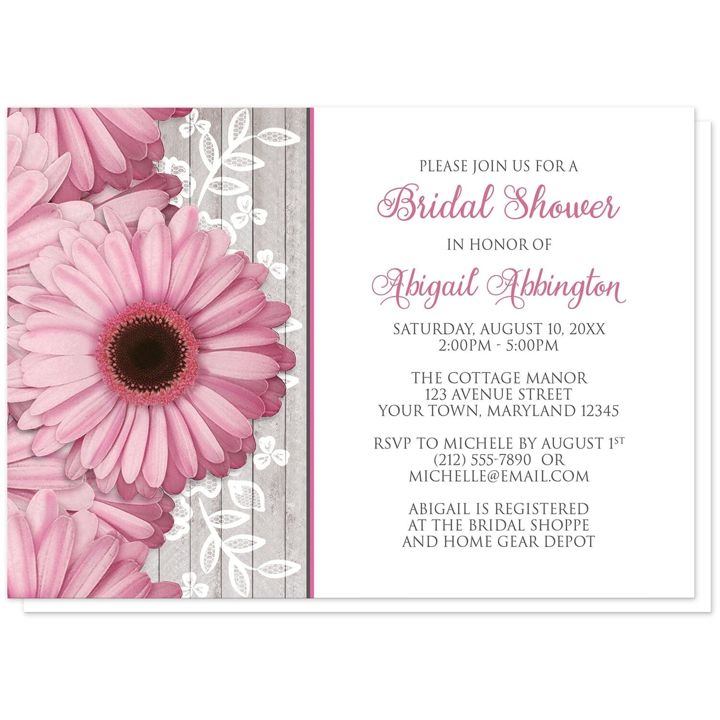 Rustic Pink Daisy Wood White Bridal Shower Invitations at Artistically Invited. Rustic pink daisy wood white bridal shower invitations designed with large and lovely pink daisy flowers with a white lace overlay over a light gray wood illustration along the left side. Your personalized bridal shower celebration details are arranged in pink and gray over a white background to the right of the pretty pink daisies.