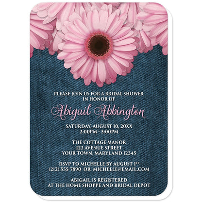 Rustic Pink Daisy and Denim Bridal Shower Invitations (with rounded corners) at Artistically Invited. Rustic pink daisy and denim bridal shower invitations designed with large and lovely pink daisy flowers along the top over a country blue denim background illustration. Your personalized bridal shower celebration details are custom printed in pink and white over the denim background design below the pretty pink daisies.
