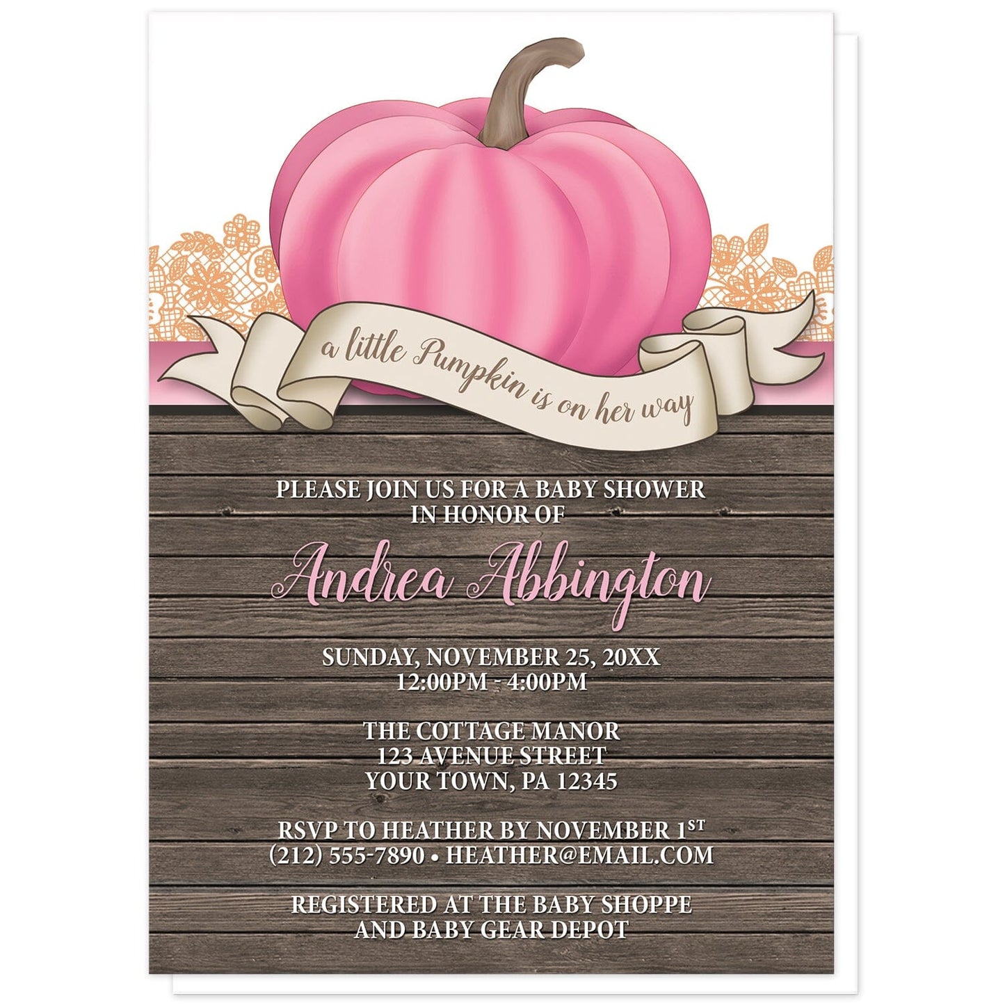 Rustic Pink Pumpkin Baby Shower Invitations at Artistically Invited. Rustic pink pumpkin baby shower invitations with an illustration of a pink-colored pumpkin over wood and a beige ribbon banner that reads: "a little pumpkin is on her way". This cute pumpkin drawing is set on a horizontal pink stripe with orange lace. The personalized baby shower celebration details you provide will be custom printed in pink and white over a country brown wood background illustration below the pink pumpkin.