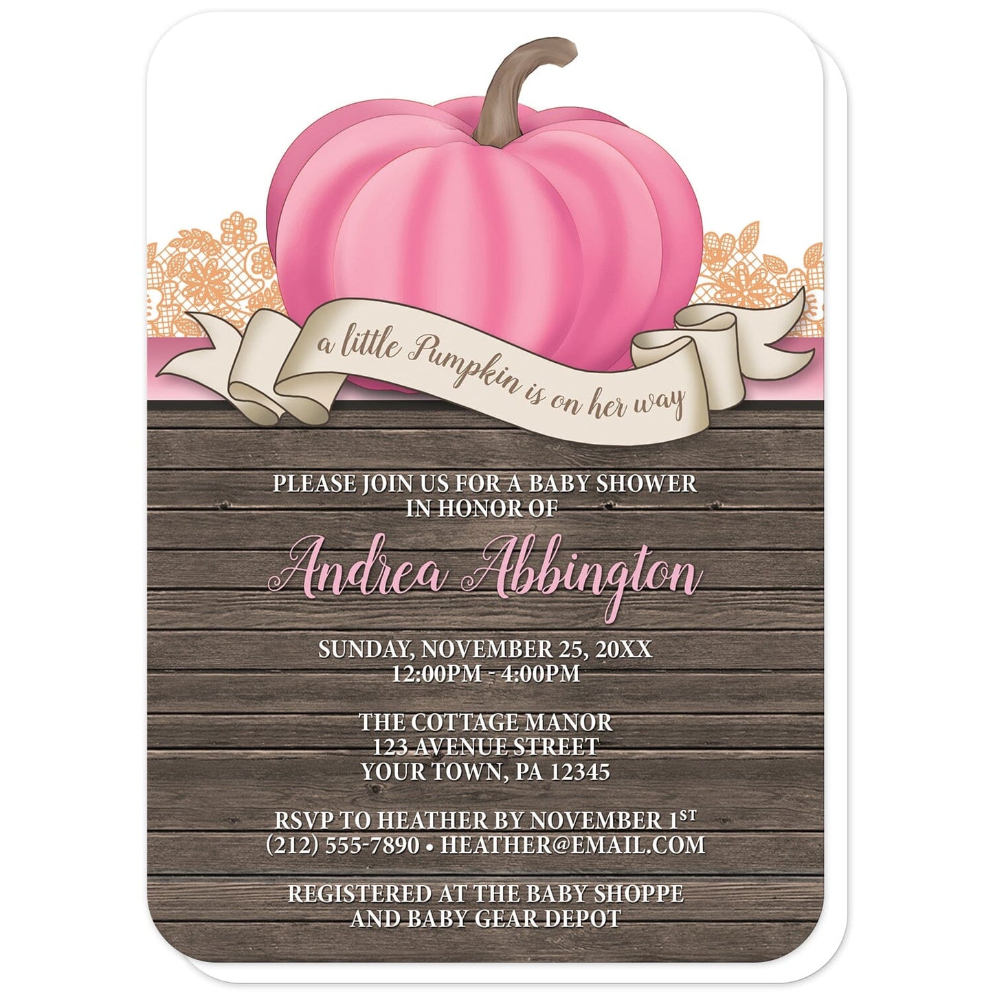 Rustic Pink Pumpkin Baby Shower Invitations (with rounded corners) at Artistically Invited. Rustic pink pumpkin baby shower invitations with an illustration of a pink-colored pumpkin over wood and a beige ribbon banner that reads: "a little pumpkin is on her way". This cute pumpkin drawing is set on a horizontal pink stripe with orange lace. The personalized baby shower celebration details you provide will be custom printed in pink and white over a country brown wood background below the pink pumpkin.
