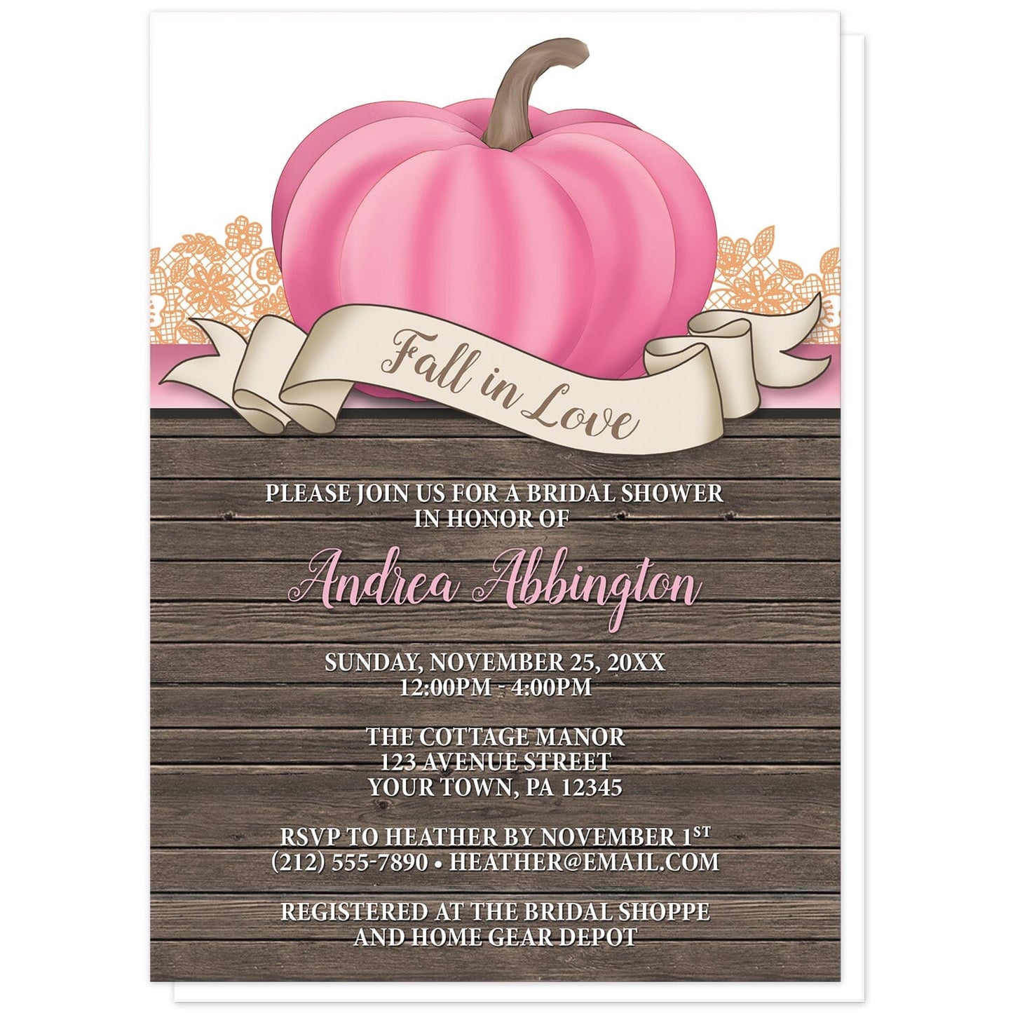 Rustic Pink Pumpkin Fall in Love Bridal Shower Invitations at Artistically Invited. Invites with an illustration of a large pink-colored pumpkin and a beige ribbon banner that reads: "Fall in Love". This unique pink pumpkin drawing stands on a horizontal pink stripe with orange lace behind it. The personalized bridal shower celebration details you provide will be custom printed in pink and white over a rustic wood background illustration below the pink pumpkin.
