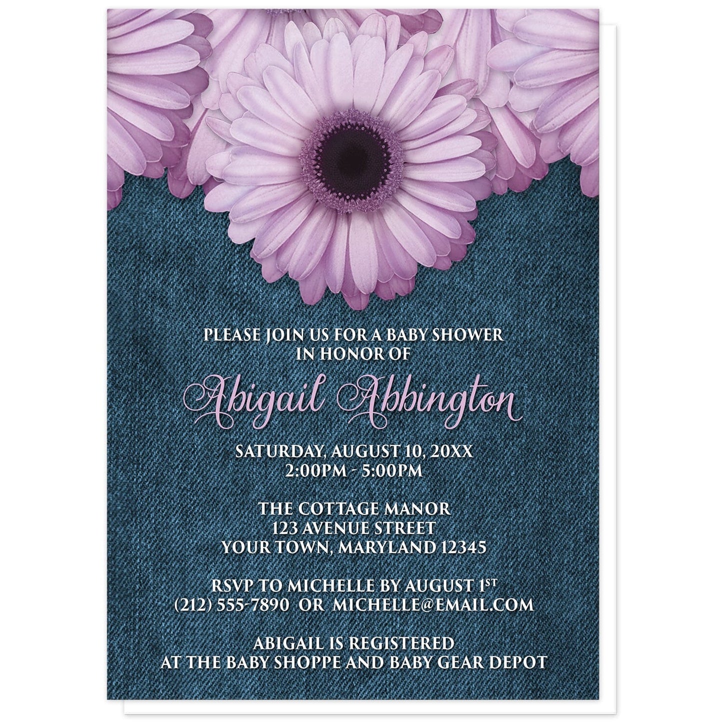 Rustic Purple Daisy Denim Baby Shower Invitations at Artistically Invited. Rustic purple daisy denim baby shower invitations designed with large and lovely purple daisy flowers along the top over a country blue denim illustration. Your personalized baby shower celebration details are custom printed in a whimsical purple script font for the name and the remaining details are represented with an all-capital letters white font on the blue denim background. 