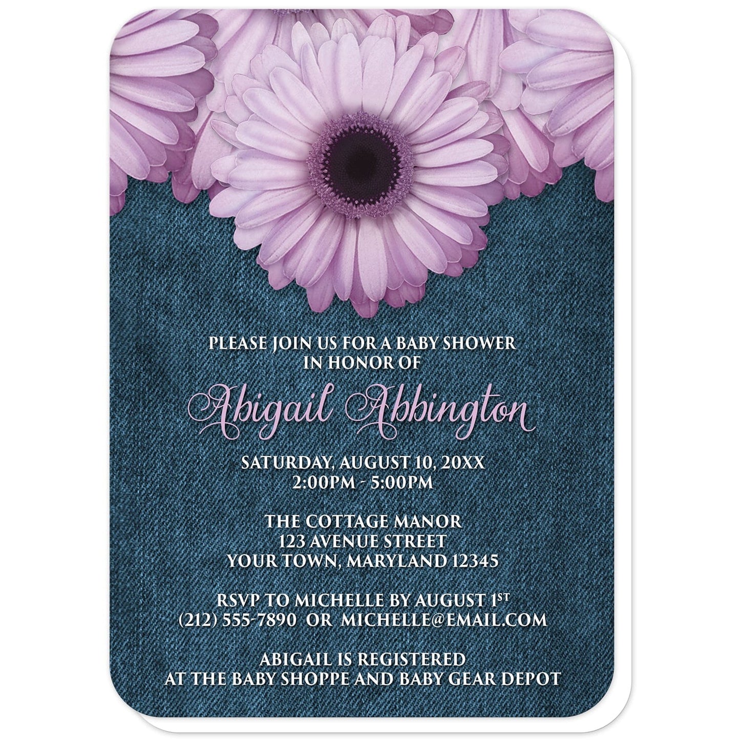 Rustic Purple Daisy Denim Baby Shower Invitations (with rounded corners) at Artistically Invited. Rustic purple daisy denim baby shower invitations designed with large and lovely purple daisy flowers along the top over a country blue denim illustration. Your personalized baby shower celebration details are custom printed in a whimsical purple script font for the name and the remaining details are represented with an all-capital letters white font on the blue denim background. 