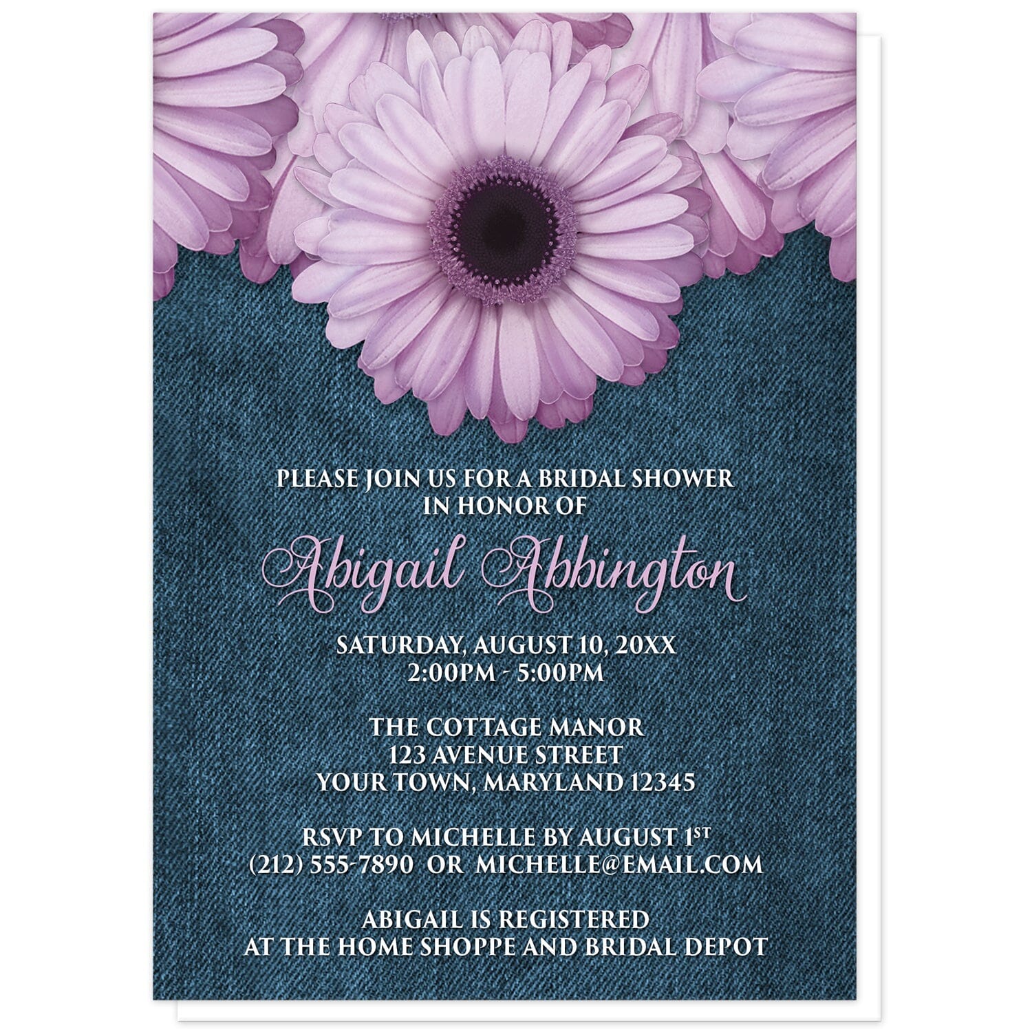 Rustic Purple Daisy Denim Bridal Shower Invitations at Artistically Invited. Rustic purple daisy denim bridal shower invitations designed with large and lovely purple daisy flowers along the top over a country blue denim illustration. Your personalized bridal shower celebration details are custom printed in a whimsical purple script font for the name and the remaining details are represented with an all-capital letters white font on the blue denim background.