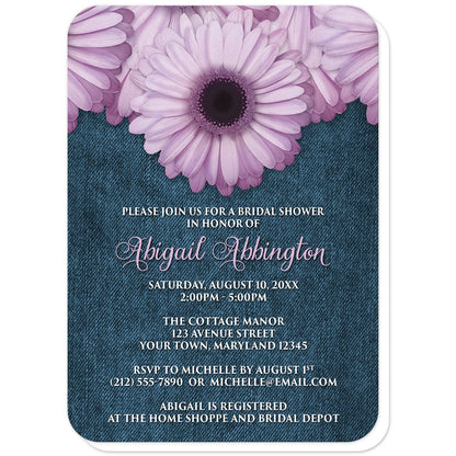 Rustic Purple Daisy Denim Bridal Shower Invitations (with rounded corners) at Artistically Invited. Rustic purple daisy denim bridal shower invitations designed with large and lovely purple daisy flowers along the top over a country blue denim illustration. Your personalized bridal shower celebration details are custom printed in a whimsical purple script font for the name and the remaining details are represented with an all-capital letters white font on the blue denim background.