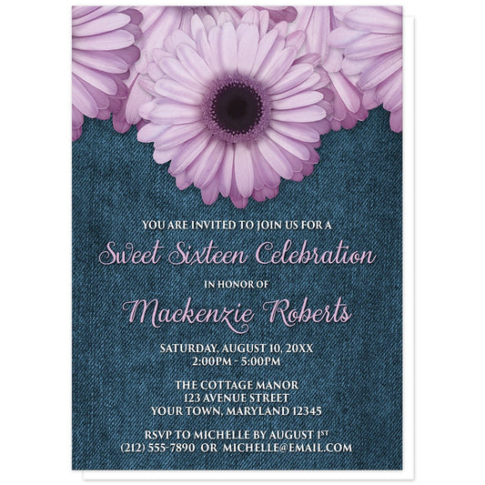 Rustic Purple Daisy Denim Sweet 16 Invitations at Artistically Invited. Rustic purple daisy denim sweet 16 invitations designed with large and lovely purple daisy flowers along the top over a country blue denim illustration. Your personalized sweet sixteen party details are custom printed in a whimsical purple script font for the name and occasion title and the remaining details are represented with an all-capital letters white font on the blue denim background. 