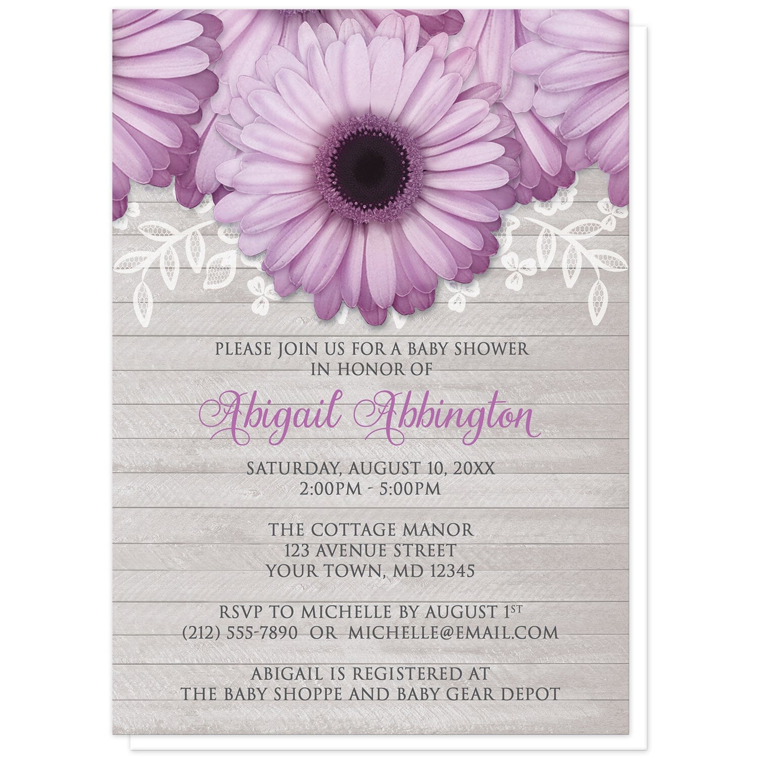 Rustic Purple Daisy Gray Wood Baby Shower Invitations at Artistically Invited. Rustic purple daisy gray wood baby shower invitations designed with large and lovely purple daisy flowers with a white lace overlay along the top over a light gray wood background illustration. Your personalized baby shower celebration details are custom printed in purple and dark gray over the wood background design below the pretty purple daisies.