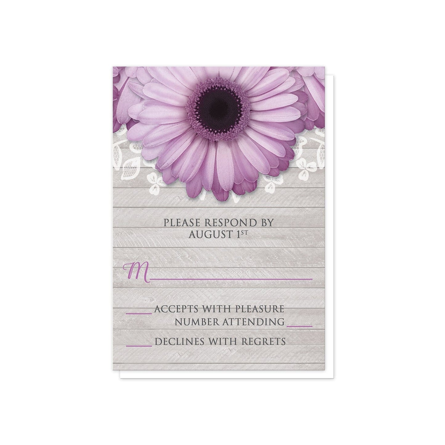 Rustic Purple Daisy Gray Wood RSVP Cards at Artistically Invited.