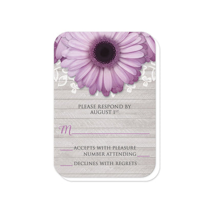 Rustic Purple Daisy Gray Wood RSVP Cards (with rounded corners) at Artistically Invited.