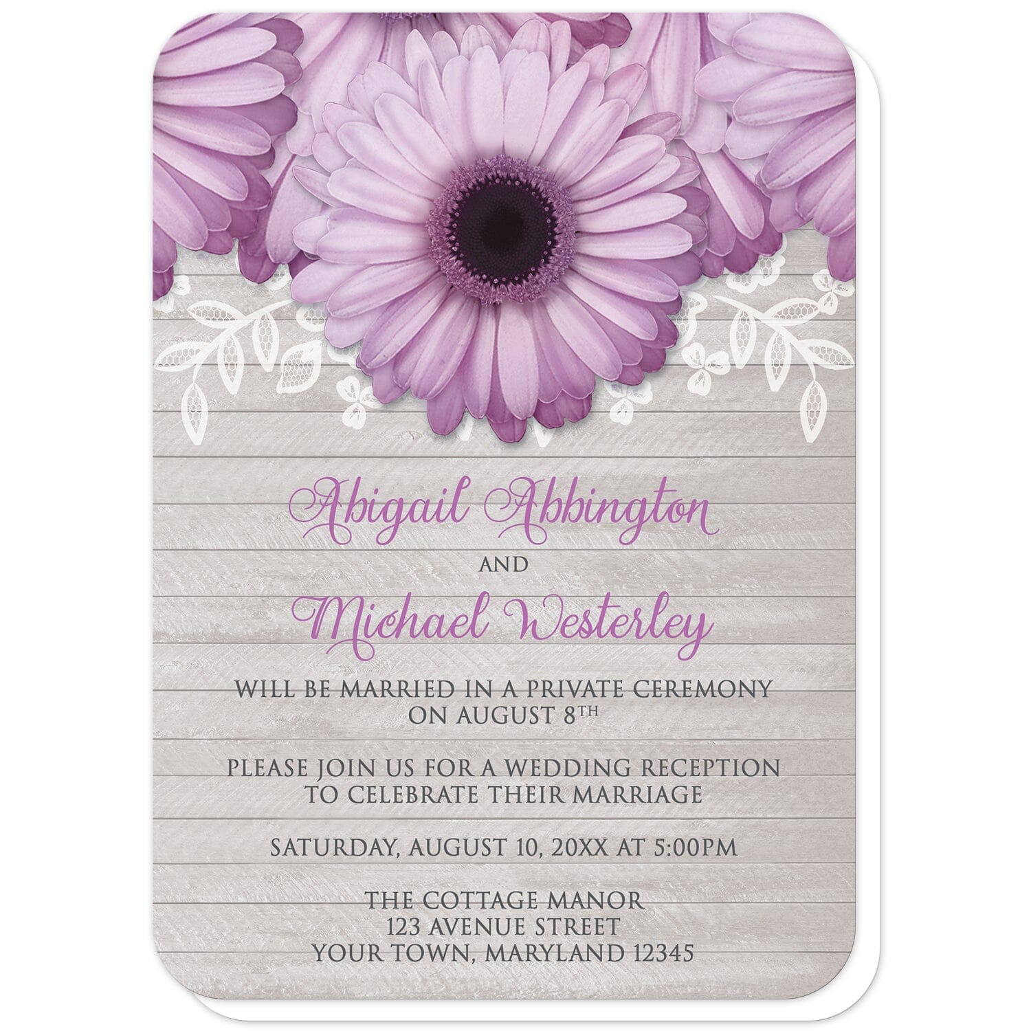 Rustic Purple Daisy Gray Wood Reception Only Invitations (with rounded corners) at Artistically Invited. Rustic purple daisy gray wood reception only invitations designed with large and lovely purple daisy flowers with a white lace overlay along the top over a light gray wood background illustration. Your personalized post-wedding reception details are custom printed in purple and dark gray over the wood background design below the pretty purple daisies.