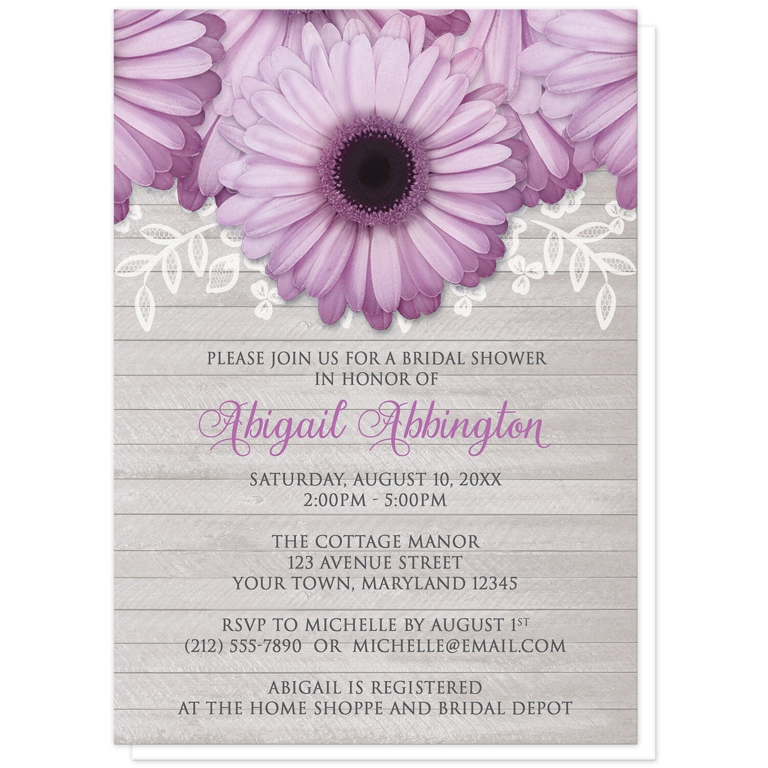 Rustic Purple Daisy Gray Wood Bridal Shower Invitations at Artistically Invited. Rustic purple daisy gray wood bridal shower invitations designed with large and lovely purple daisy flowers with a white lace overlay along the top over a light gray wood background illustration. Your personalized bridal shower celebration details are custom printed in purple and dark gray over the wood background design below the pretty purple daisies.