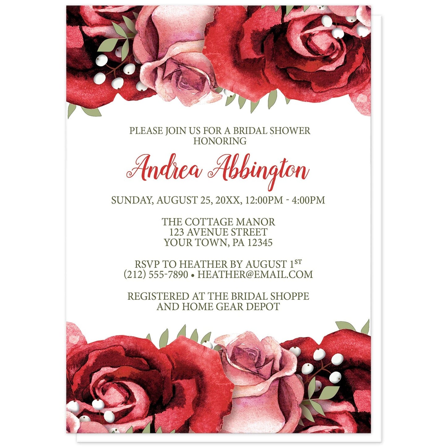 Rustic Red Pink Rose Green White Bridal Shower Invitations at Artistically Invited. Rustic red pink rose green white bridal shower invitations designed with beautiful red and pink roses along the top and the bottom. Your personalized bridal shower celebration details are custom printed in red and green over a white background in the center between the roses.