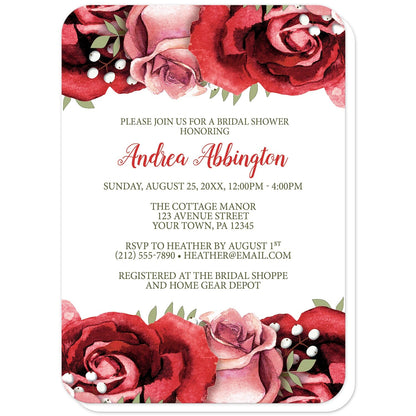 Rustic Red Pink Rose Green White Bridal Shower Invitations (with rounded corners) at Artistically Invited. Rustic red pink rose green white bridal shower invitations designed with beautiful red and pink roses along the top and the bottom. Your personalized bridal shower celebration details are custom printed in red and green over a white background in the center between the roses.
