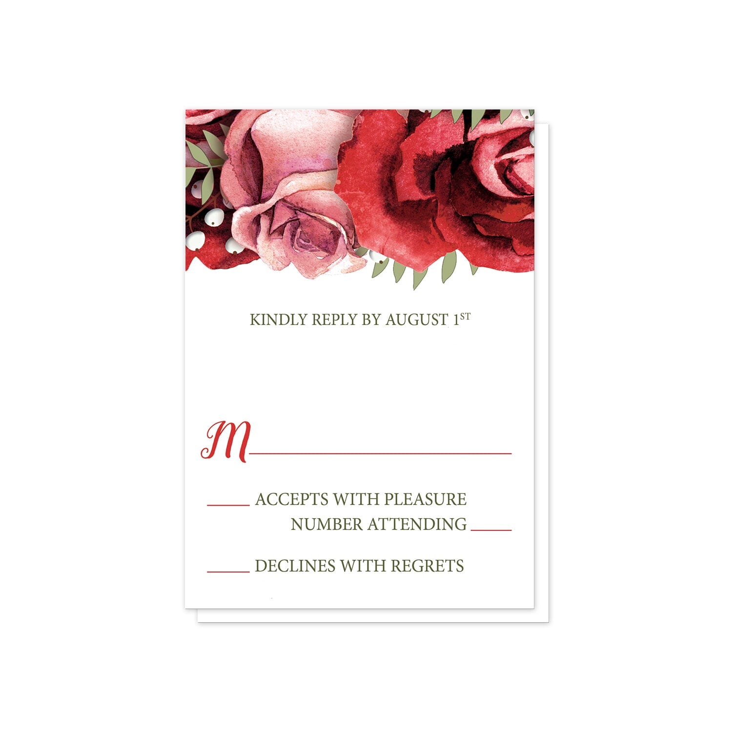 Rustic Red Pink Rose Green White RSVP Cards at Artistically Invited.