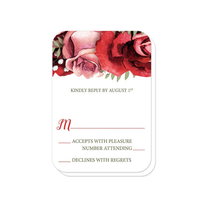 Rustic Red Pink Rose Green White RSVP Cards (with rounded corners) at Artistically Invited.