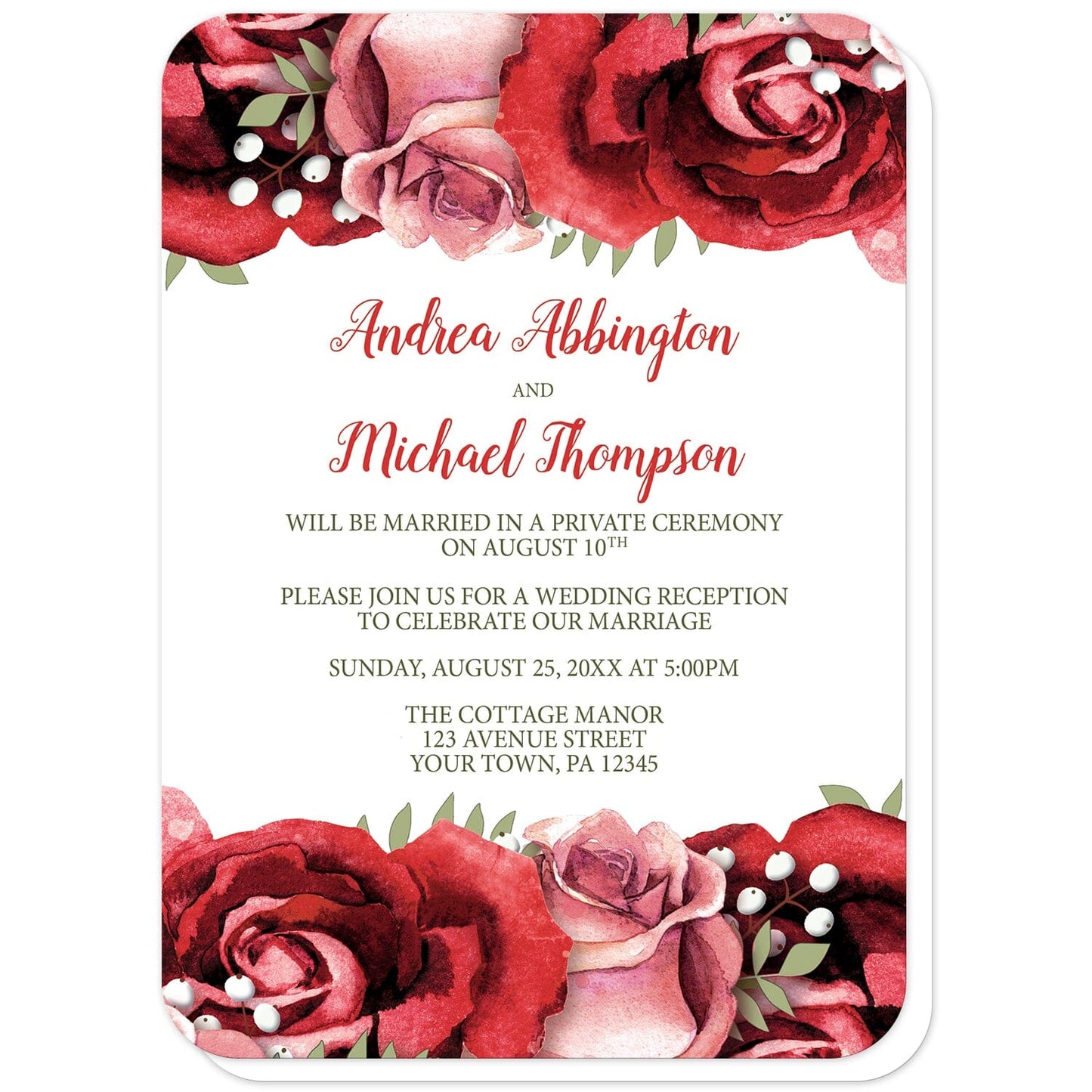 Rustic Red Pink Rose Green White Reception Only Invitations (with rounded corners) at Artistically Invited. Rustic red pink rose green white reception only invitations designed with beautiful red and pink roses along the top and the bottom. Your personalized post-wedding reception details are custom printed in red and green over a white background in the center between the roses.