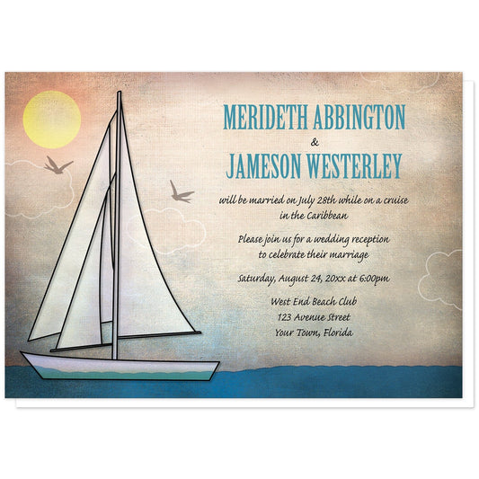 Rustic Sailboat Nautical Reception Only Invitations at Artistically Invited. Rustic sailboat nautical reception only invitations designed with an illustration of a sailboat on the water with the sun in the corner and two bird silhouettes around the boat. Your personalized post-wedding reception details are custom printed in blue and black over the rustic canvas background design.