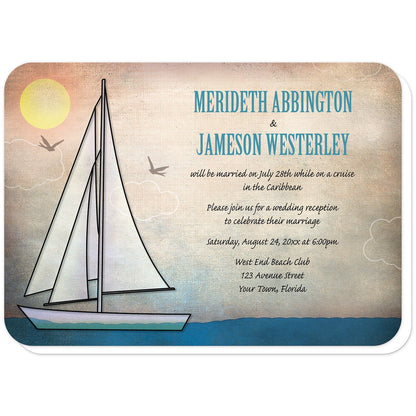 Rustic Sailboat Nautical Reception Only Invitations (with rounded corners) at Artistically Invited. Rustic sailboat nautical reception only invitations designed with an illustration of a sailboat on the water with the sun in the corner and two bird silhouettes around the boat. Your personalized post-wedding reception details are custom printed in blue and black over the rustic canvas background design.
