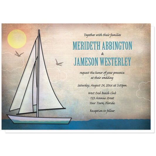 Rustic Sailboat Nautical Wedding Invitations at Artistically Invited. Rustic sailboat nautical wedding invitations designed with an illustration of a sailboat on the water with the sun in the corner and two bird silhouettes around the boat. Your personalized marriage ceremony details are custom printed in blue and black over the rustic canvas background design.