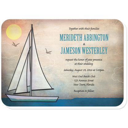 Rustic Sailboat Nautical Wedding Invitations (with rounded corners) at Artistically Invited. Rustic sailboat nautical wedding invitations designed with an illustration of a sailboat on the water with the sun in the corner and two bird silhouettes around the boat. Your personalized marriage ceremony details are custom printed in blue and black over the rustic canvas background design.