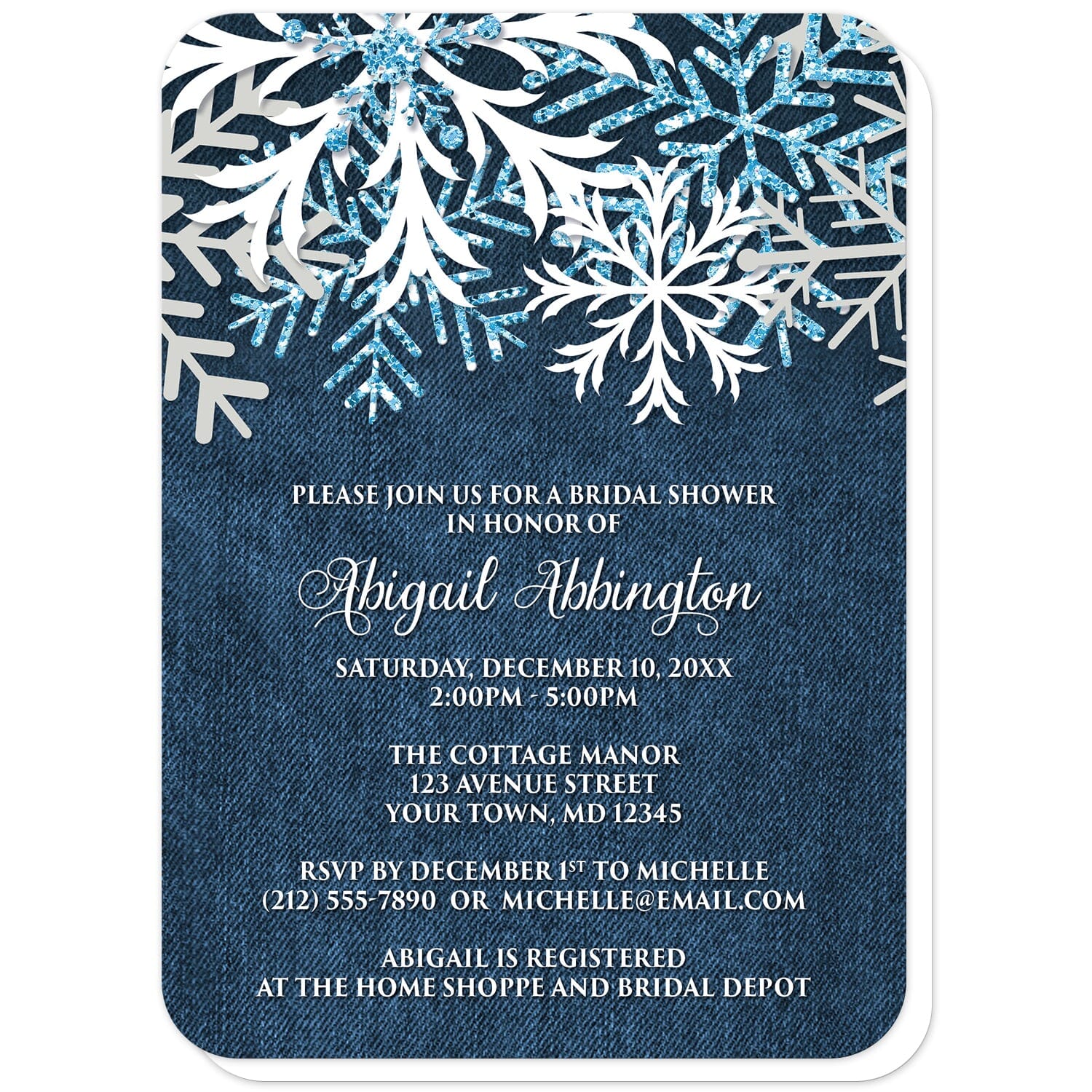 Rustic Snowflake Denim Winter Bridal Shower Invitations (with rounded corners) at Artistically Invited. Rustic snowflake denim winter bridal shower invitations with white, aqua blue glitter-illustrated, and light gray snowflakes along the top over a navy blue denim design. Your personalized bridal shower celebration details are custom printed in white over the blue denim background below the pretty snowflakes.