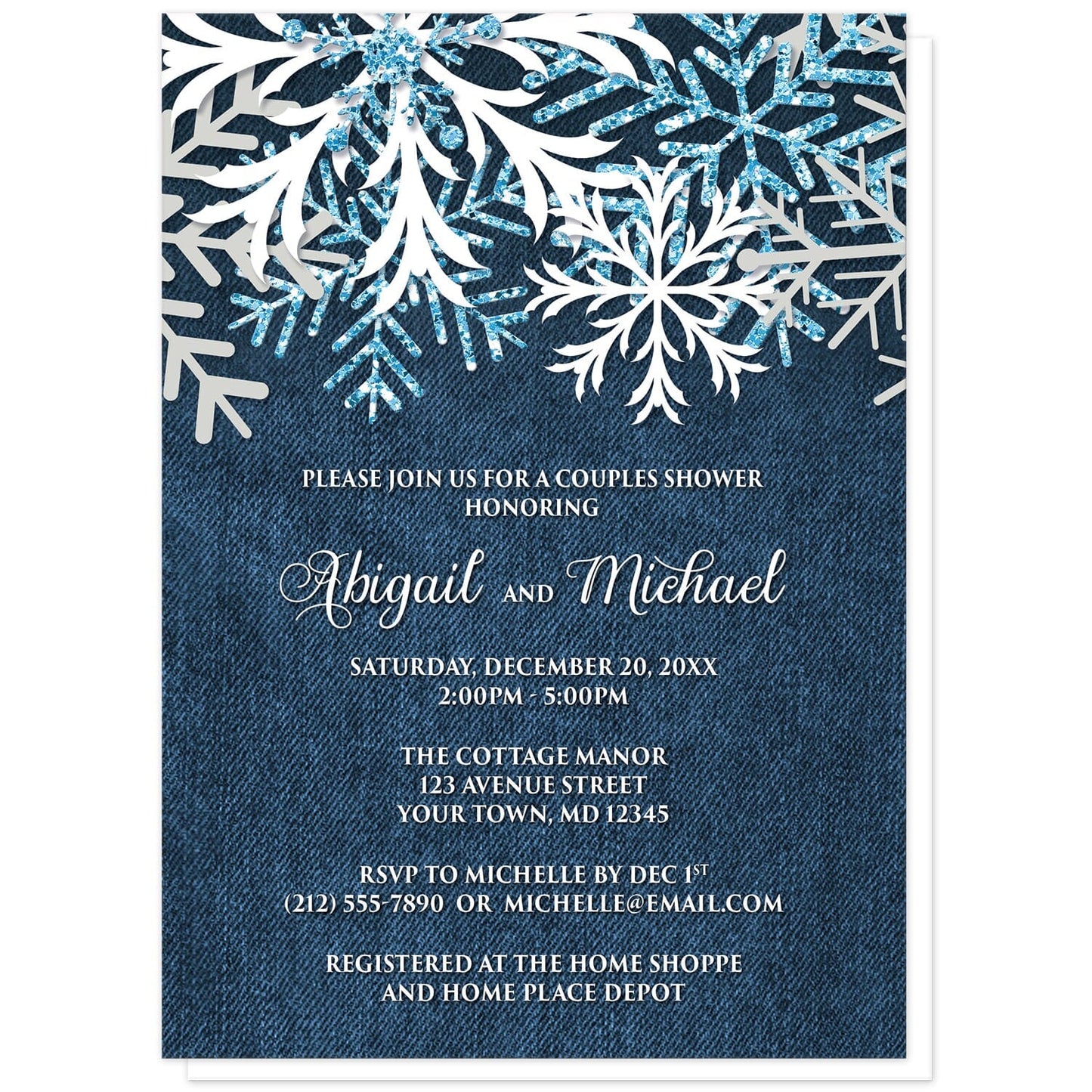 Rustic Snowflake Denim Winter Couples Shower Invitations at Artistically Invited. Rustic snowflake denim winter couples shower invitations with white, aqua blue glitter-illustrated, and light gray snowflakes along the top over a navy blue denim design. Your personalized couples shower celebration details are custom printed in white over the blue denim background below the pretty snowflakes.