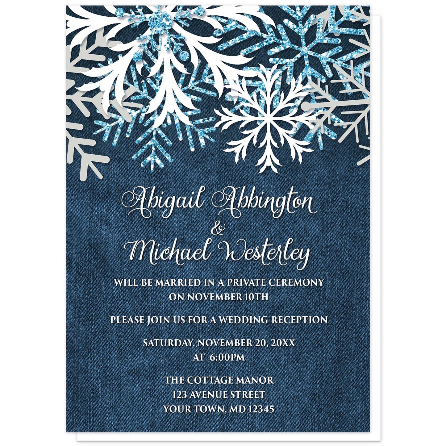 Rustic Snowflake Denim Winter Reception Only Invitations at Artistically Invited. Rustic snowflake denim winter reception only invitations with white, aqua blue glitter-illustrated, and light gray snowflakes along the top over a navy blue denim design. Your personalized post-wedding reception details are custom printed in white over the blue denim background below the pretty snowflakes.