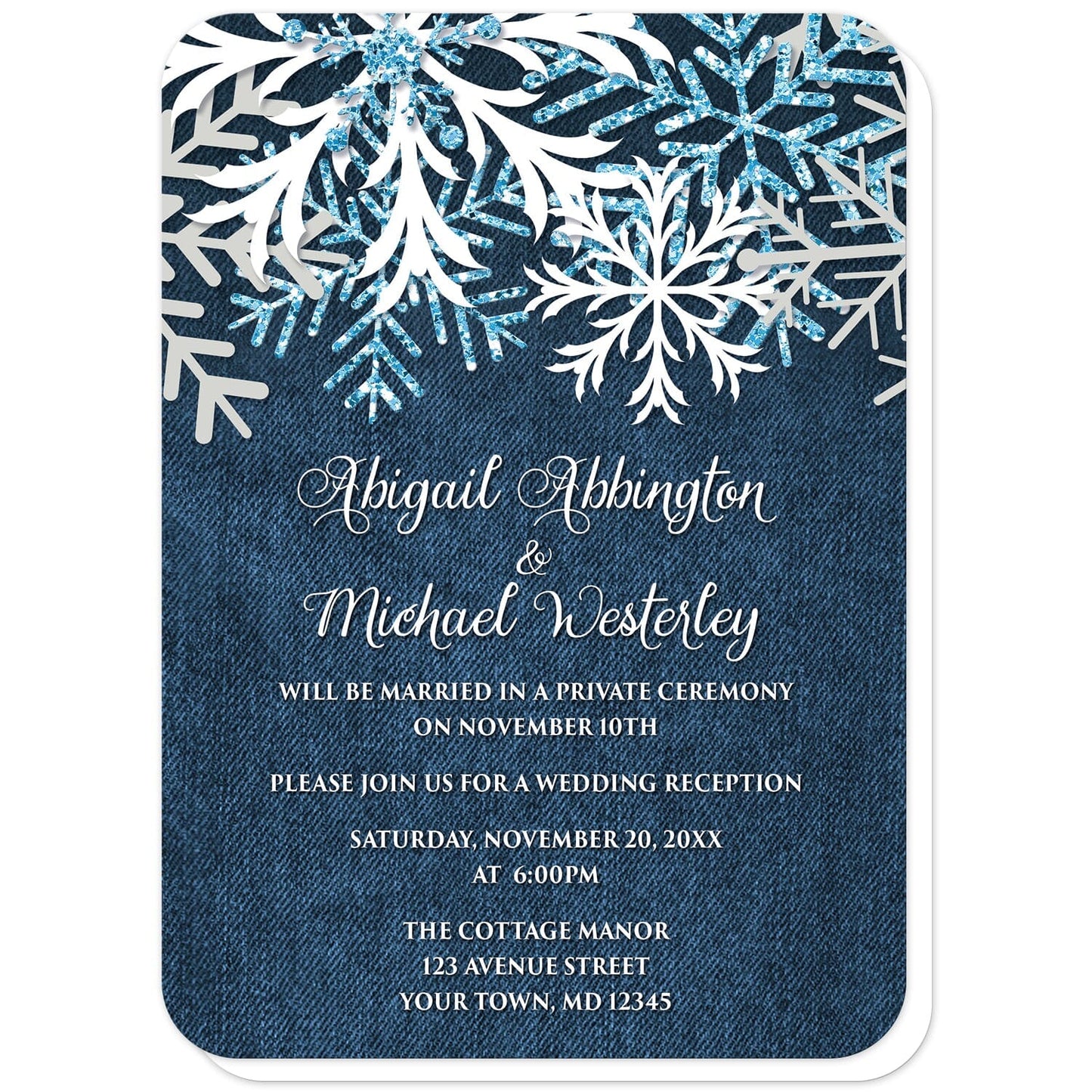 Rustic Snowflake Denim Winter Reception Only Invitations (with rounded corners) at Artistically Invited. Rustic snowflake denim winter reception only invitations with white, aqua blue glitter-illustrated, and light gray snowflakes along the top over a navy blue denim design. Your personalized post-wedding reception details are custom printed in white over the blue denim background below the pretty snowflakes.