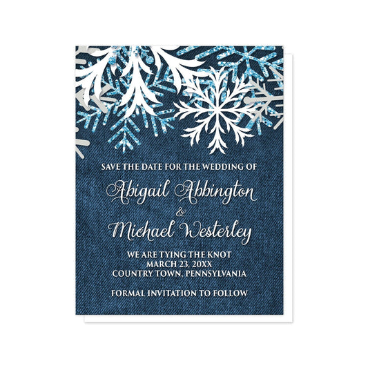 Rustic Snowflake Denim Winter Save the Date Cards at Artistically Invited. Rustic snowflake denim winter save the date cards with white, aqua blue glitter-illustrated, and light gray snowflakes along the top over a navy blue denim design. Your personalized wedding date details are custom printed in white over the blue denim background below the pretty snowflakes.