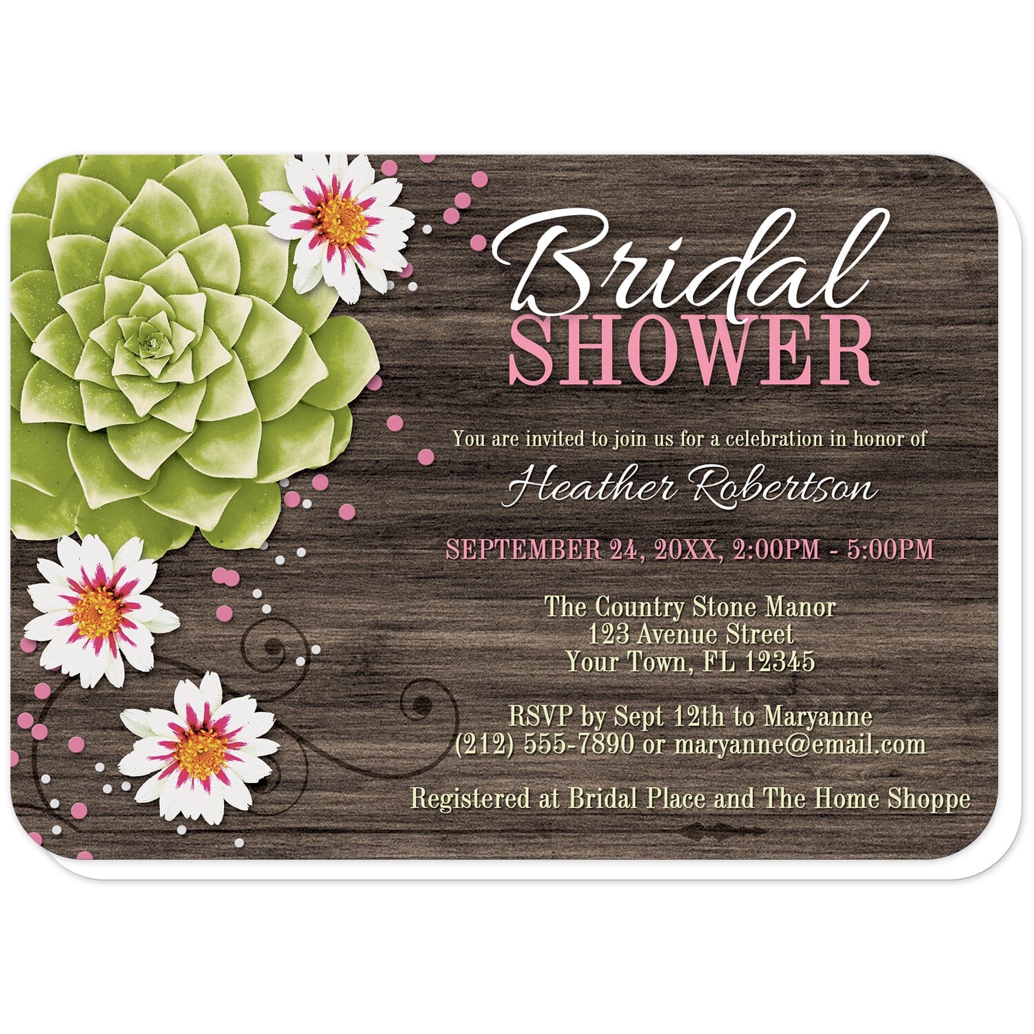 Rustic Succulent Floral Bridal Shower Invitations (with rounded corners) at Artistically Invited. Rustic succulent floral bridal shower invitations with a stylized illustration of a large green succulent, white flowers, and your choice of pink, purple, or teal and white confetti over a dark brown wood texture image. Your personalized bridal shower celebration details are custom printed in white, beige, and the same color as the confetti accent color you select. 