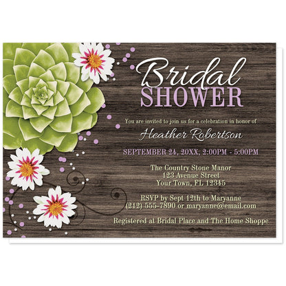 Rustic Succulent Floral Bridal Shower Invitations with purple accents at Artistically Invited. Rustic succulent floral bridal shower invitations with a stylized illustration of a large green succulent, white flowers, and your choice of pink, purple, or teal and white confetti over a dark brown wood texture image. Your personalized bridal shower celebration details are custom printed in white, beige, and the same color as the confetti accent color you select. 