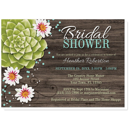 Rustic Succulent Floral Bridal Shower Invitations with teal accents at Artistically Invited. Rustic succulent floral bridal shower invitations with a stylized illustration of a large green succulent, white flowers, and your choice of pink, purple, or teal and white confetti over a dark brown wood texture image. Your personalized bridal shower celebration details are custom printed in white, beige, and the same color as the confetti accent color you select. 