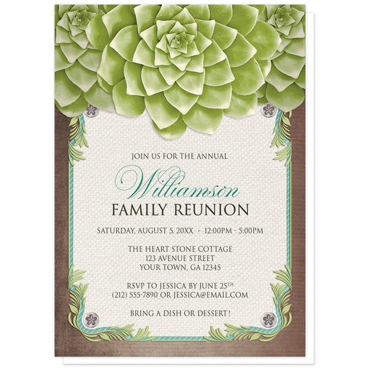 Rustic Succulent Garden Family Reunion Invitations at Artistically Invited. Invites with three large and lovely green succulents along the top over a beige canvas texture illustration framed with a leafy green decorative border, striped teal, and four floral metal pin illustrations, all over a brown background along the edges. Your personalized reunion celebration details are custom printed in brown and teal over the beige canvas background in the center area below the succulents.