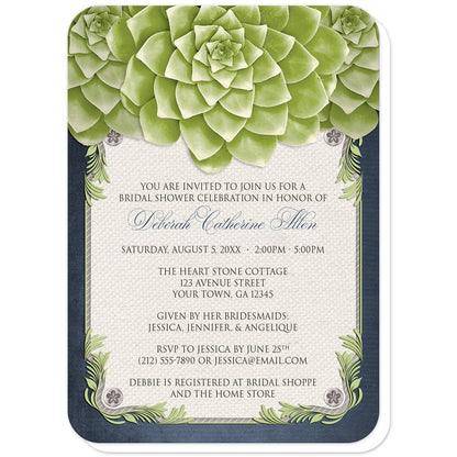 Rustic Succulent Garden Navy Bridal Shower Invitations (with rounded corners) at Artistically Invited. Rustic succulent garden navy bridal shower invitations with three large and lovely green succulents along the top over a beige canvas texture illustration framed with a leafy green decorative border, striped gray, and four floral metal pin illustrations, all over a navy blue background along the edges. 