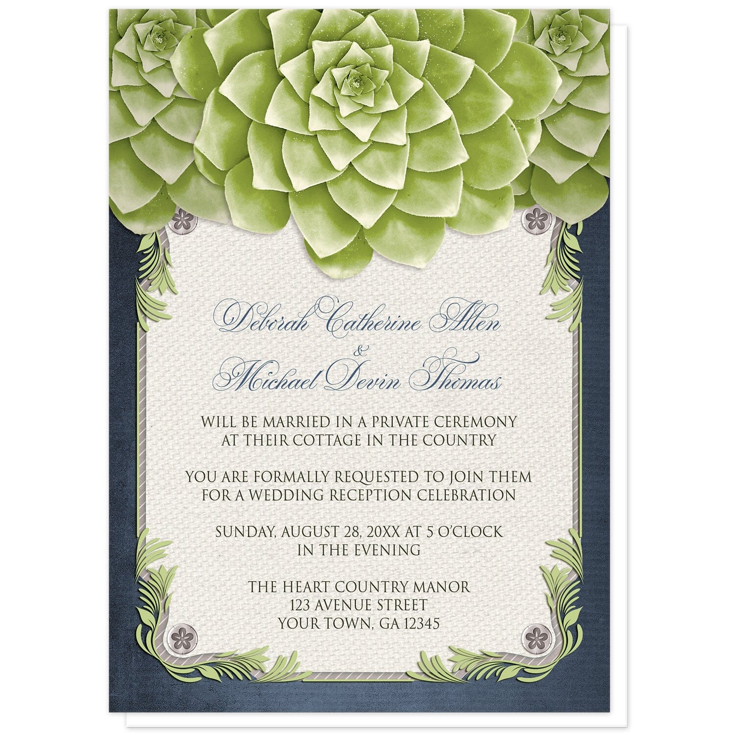 Rustic Succulent Garden Navy Reception Only Invitations at Artistically Invited. Invites with three large and lovely green succulents along the top over a beige canvas texture illustration framed with a leafy green decorative border, striped gray, and four floral metal pin illustrations, all over a navy blue background along the edges. Your personalized post-wedding reception details are custom printed in dark gray and navy blue over the beige canvas background in the center area below the succulents.